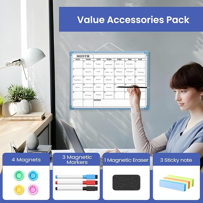 Blue Frame Whiteboard Calendar, 16" x 12" Dry Erase Board Calendar for Wall, Small Monthly Planner for Home, Office, School