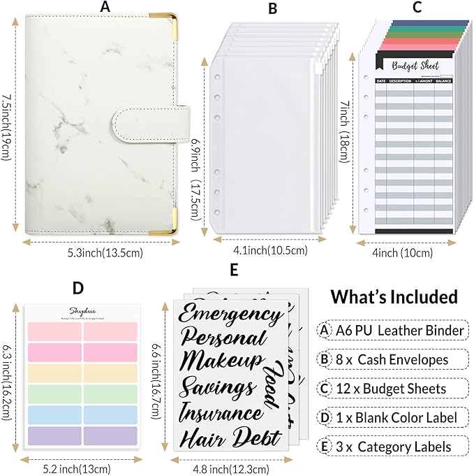 SKYDUE Budget Binder, Money Saving Binder with Zipper Envelopes, Cash Envelopes and Expense Budget Sheets for Budgeting (White/Black)