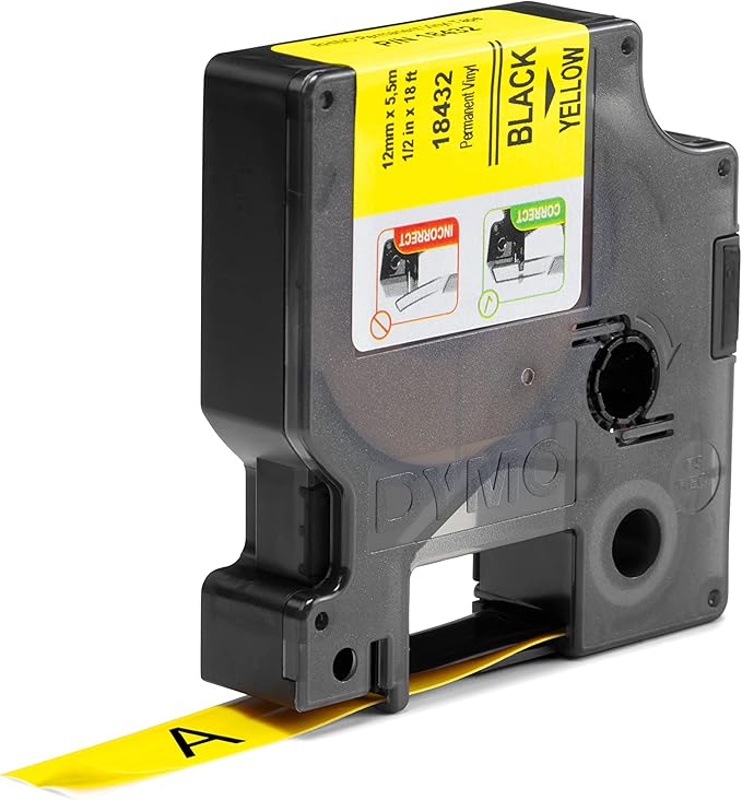 DYMO Rhino Industrial Vinyl Labels, 1/2", Black Print on Yellow Tape