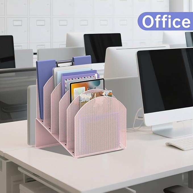 5-Section Desk File Organizer, Vertical File Organizer for Desk, Mesh Mail Holder for Letter Size Folders, Pink