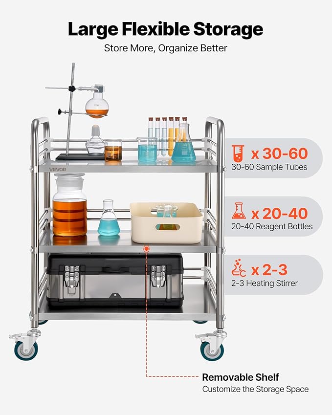 VEVOR Stainless Steel Rolling Cart, 3-Tier Metal Utility Cart with Lockable Wheels, Medical Serving Trolley Clinic Tray, Mobile Service Cart for Hospital, Lab, Restaurant, Kitchen, Salon