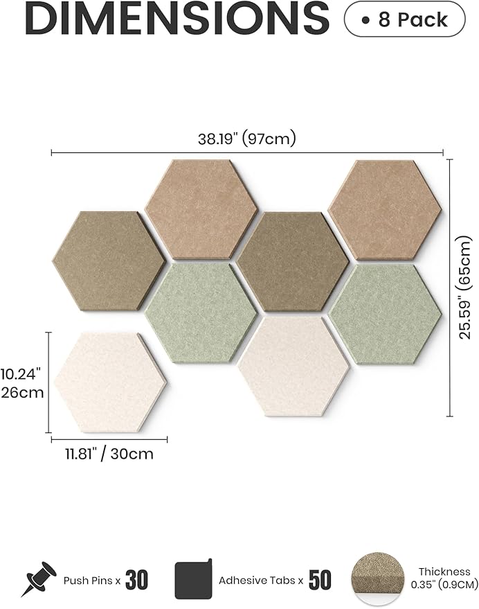 Fluxynara Hexagon Cork Board Alternative for Walls Decor-8-Pack Felt Bulletin Board Tiles,with 30 Pushpins,50 Adhesive Tabs for Office,Classrooms & Home Pin Board Felt Board-Linen Dusk