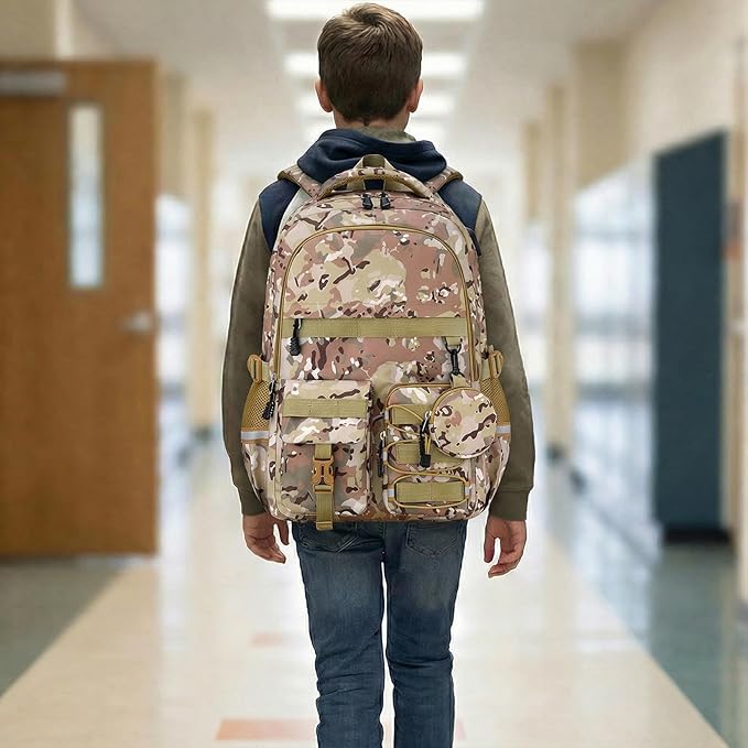 School Backpack for Boys - Camo Boys Backpack for Kids Teens Elementary, Middle & High School Bookbag Daypack with Camouflag Design,18″ Large Capacity with Usb Charging Port & Key-chain
