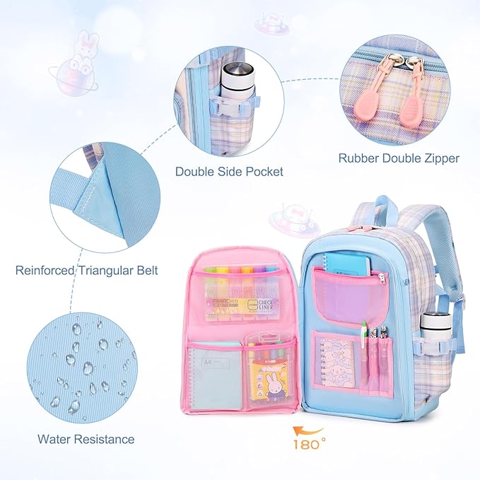 Girls Backpack Set, 3PCS Kids Backpacks for Girl, Kawaii Bunny School Backpack for Girls Kindergarten Elementary Preschool Middle School Bags with Lunch Box Pencil Case Blue-Plaid