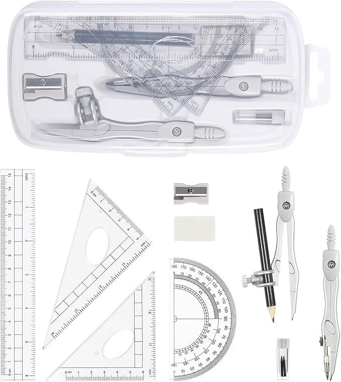 Math Geometry Kit Sets 10 Piece Student Supplies with Shatterproof Storage Box,Includes Rulers,Protractor,Compass,Eraser,Pencil Sharpener,Lead Refills,Pencil,for Drafting and Drawings（Grey）