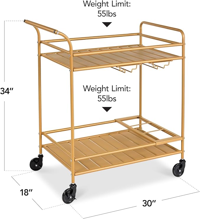 Best Choice Products Rolling Bar Cart, Mobile Home Bar Serving Cart, Serving Station w/ 2 Tier Shelves, Wine Rack, Lockable Wheels - Gold