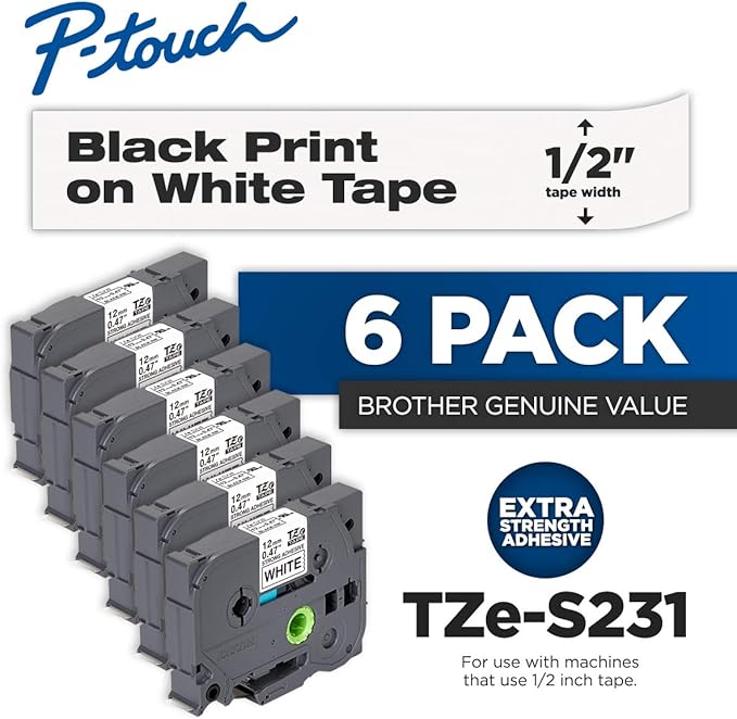 Brother Genuine P-Touch 6-Pack TZe-S231 Laminated Tape, Black Print on White Extra Strength Adhesive Laminated Tape for P-Touch Label Makers, Each Roll is 0.47"/12mm (~ 1/2") Wide, 26.2 ft. (8M) Long