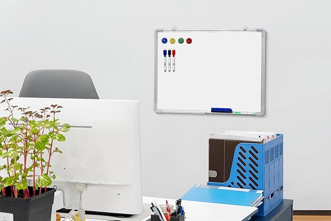 Whiteboard Set - Dry Erase Board 24 x 18 in with 1 Magnetic Dry Eraser, 4 Drywipe Markers and 4 Magnets - Small White Hanging Message Scoreboard for Home and Office (24x18 in)
