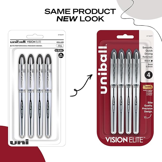 uniball Vision Elite Rollerball Pens, Bold Point (0.8mm), Black, 4 Pack