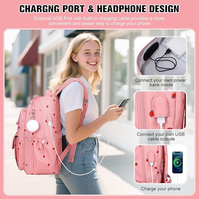 Bevalsa Backpack for Gilrs, 3PCS Corduroy Kids Backpack Set with Lunch Box & Pencil Pouch, Bookbag Daypack Laptop Bag for Women Teens Elementary Middle High School