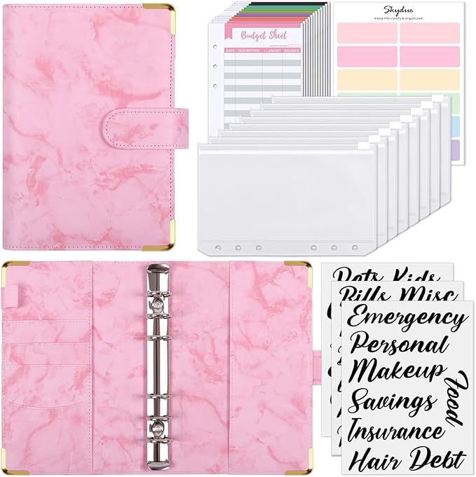 SKYDUE Budget Binder, Money Saving Binder with Zipper Envelopes, Cash Envelopes and Expense Budget Sheets for Budgeting (Mabblepink)