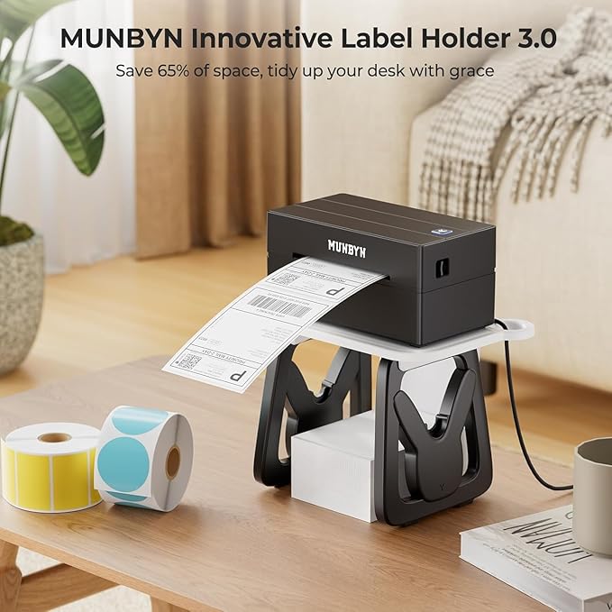 MUNBYN RW403B Bluetooth Shipping Label Printer+Thermal Direct Shipping Label (Pack of 500 4x6 Per Roll Labels)+Label Holder for Rolls and Fanfold Labels+IPS03 440lb for Postal Scale
