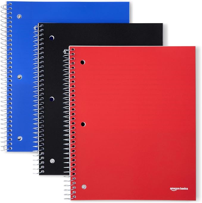 Amazon Basics 1 Subject College Ruled Spiral Notebook, Poly Cover,100 Sheets, 9" x 11", Assorted Primary Colors, 3 pack