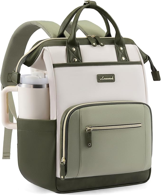 LOVEVOOK Laptop Backpack for Women with Giant Tumbler Holder,18 inch Professional Nurse Teacher Backpack Computer Laptop Bag,Cute Travel Backpack Purse Work College Bag,Beige-Bean green-Army green