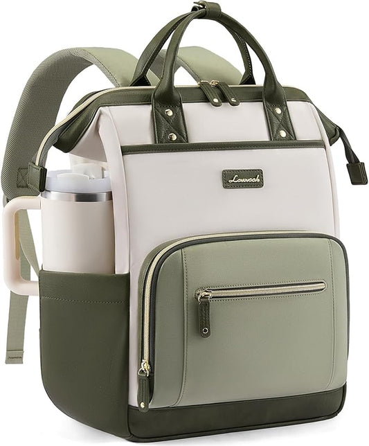 LOVEVOOK Laptop Backpack for Women with Giant Tumbler Holder,18 inch Professional Nurse Teacher Backpack Computer Laptop Bag,Cute Travel Backpack Purse Work College Bag,Beige-Bean green-Army green