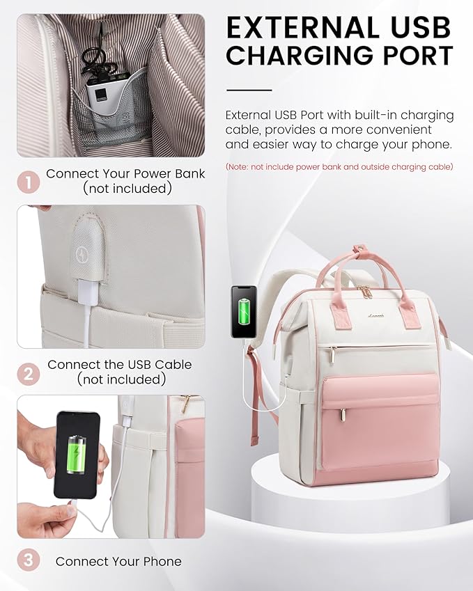 LOVEVOOK Laptop Backpack for Women, 17 Inch Work Teacher Nurse Bag, Large Capacity Business Computer Backpack Purse with USB Port, Stylish Casual Daypack for Travel,Beige&Pink