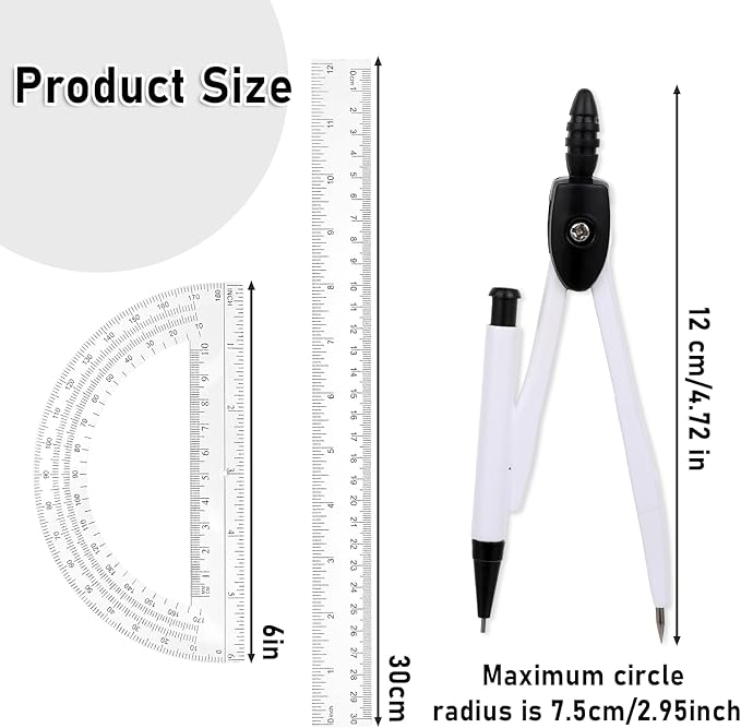 Student Protractor and Compass Set, 3 Pcs Geometry Math Set, 12 Inch Plastic Clear Ruler, Compass for Geometry and 180 Degree 6 Inch Protractor for Drawing Measuring School Office (Classic)