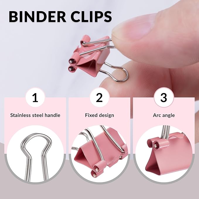 200pcs Paper Clips Binder Clips and Push Pins Set, Mini Clips and Thumb Tacks for Multipurpose Document Organization (Pink)