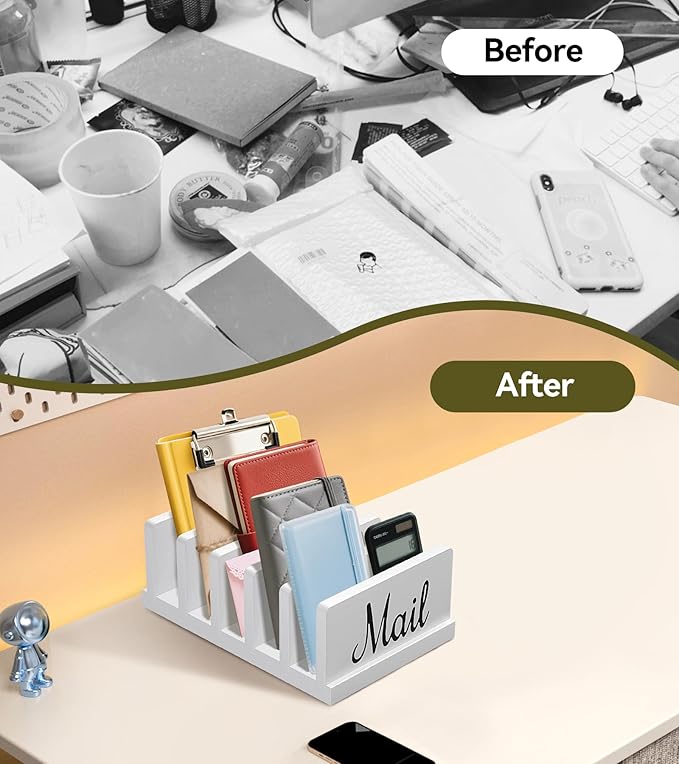 Mail Organizer for Desk,Wooden Mail Holder with Divider, 5-Slot Letter Sorter File Holder,Vertical Bill Organizer for Desktop Document/Notebook/Filing/Folders/Paper