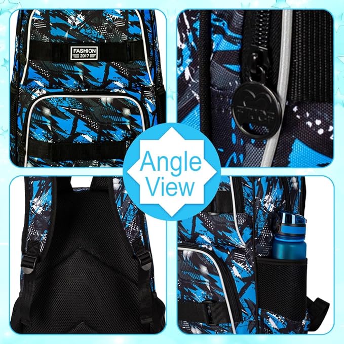 3PCS Boys Backpack, 17" Water Resistant School Bag with Lunch Box, Cute School Bag Set for College Teenagers High Middle Elementary - Graffiti Blue