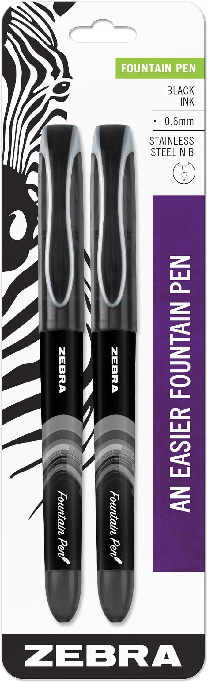 Zebra Pen, Fountain Pen, 0.6mm Fine Point, Stainless Steel Nib, Preloaded Black Ink, Smooth Ink Flow, Classic Black Barrels, No Cartridge Needed, 2-Pack (48312)