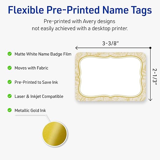 Avery Printable Adhesive Name Badges, 2-1/3" x 3-3/8", Pre-Printed Flourished Metallic Gold Florals Design, Matte White, Laser & Inkjet Compatible, 80 Total