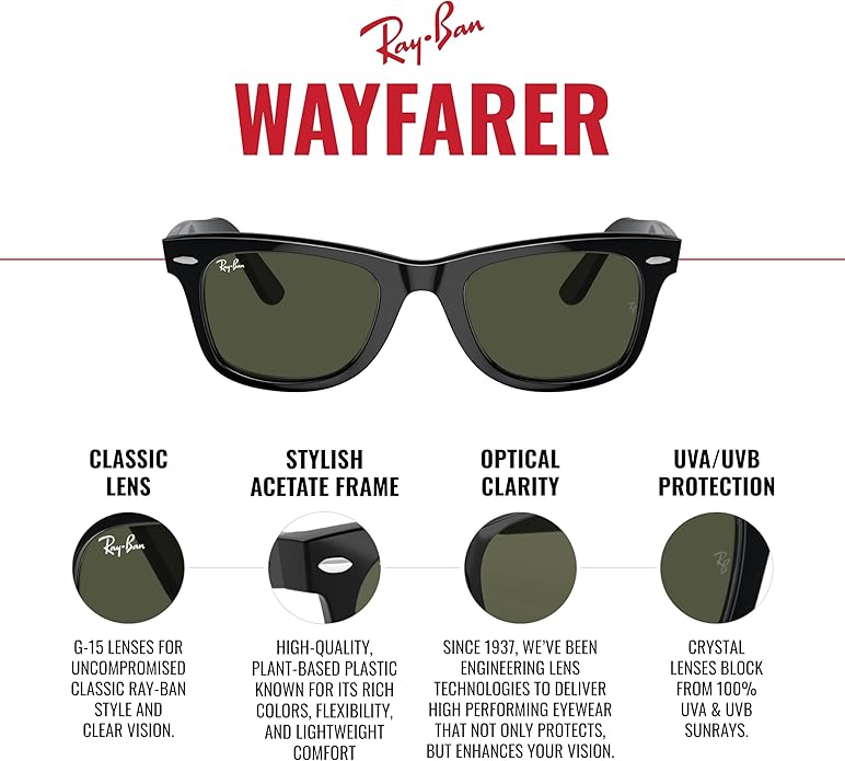 Ray-Ban RB2140 Original Wayfarer Square Sunglasses, Black/Green, 50 mm