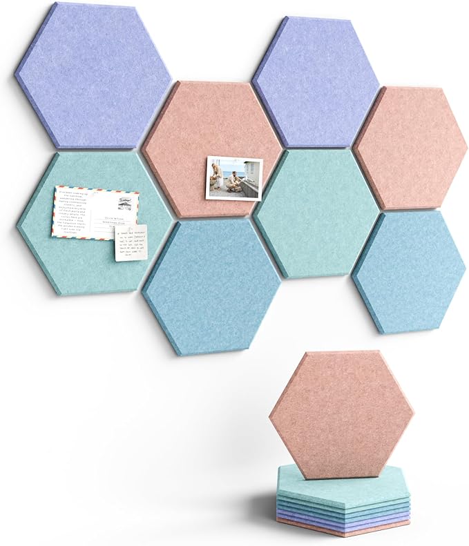 Fluxynara Hexagon Cork Board Alternative for Walls Decor-8-Pack Felt Bulletin Board Tiles,with 30 Pushpins,50 Adhesive Tabs for Office& Home Pin Board Felt Board-Coastal Haze