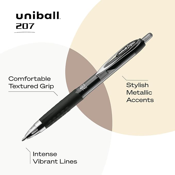 Uni-Ball Signo 207 Blue Retractable Gel Pens 5 Pack with Medium 0.7mm Points, Fraud Proof Office, Nursing, Business, School, Bible Pens