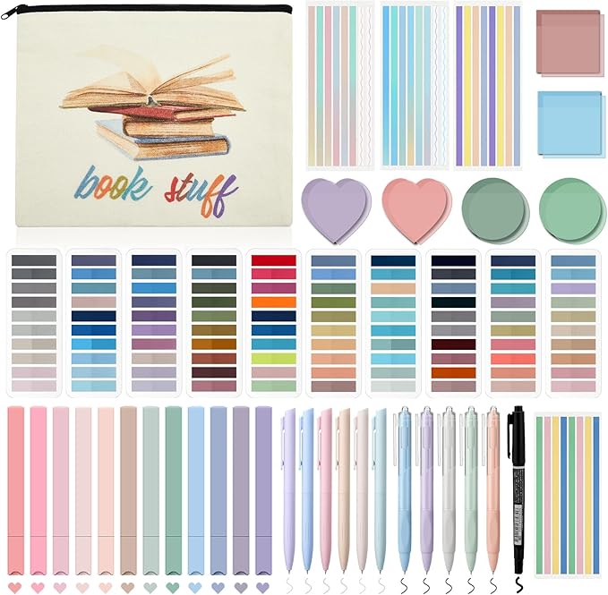 Book Annotation Kit, Aesthetic Bible Study Journaling Kit, 2640 Pcs Sticky Tabs, 300 Sticky Notes, 11 Gel Ink Pen, 12 Highlighter Marker, Pencil Case Pouch for Book Lover(Mixed)