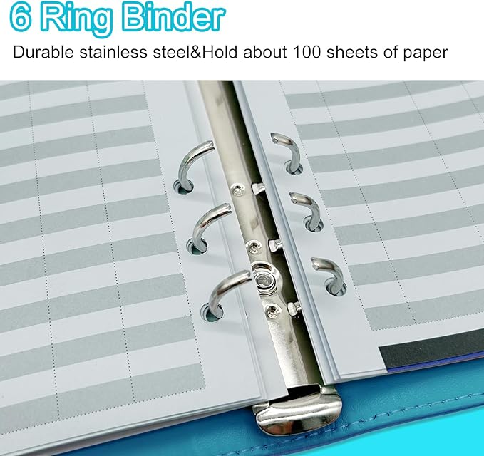 A5 Refillable 6 Ring Faux Leather Budget Binder,Mini Notebook Binder Cover for A5 Filler Paper,Loose Leaf Personal Planner Cover with Magnetic Buckle Closure(Marble Blue)