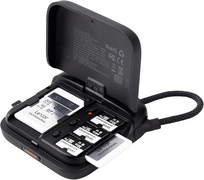 PGYTECH CreateMate Mini SD Card Reader Case, High-Speed 2-in-1 SD 4.0/Micro SD Card Reader with 6-Slot Storage Portable, Dual-Slot Transfer/USB 3.1/Type-C for Travel Photography/Vlogging/Drone, Black