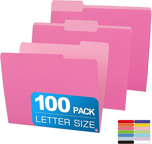 Two Tone Color File Folder 8.5 x 11 Inch,100 Packs Pink File Folders,1/3 Cut Tabs File Folder Letter Size,Manila File Folders for Office,School and Home,Organization