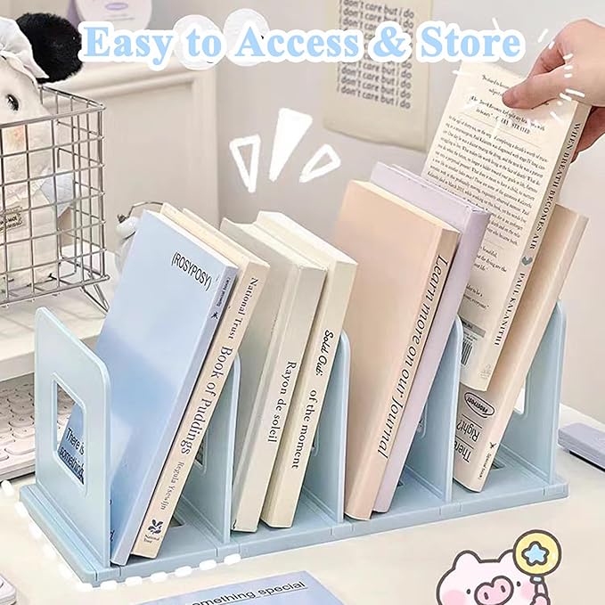 SAYEEC Desk File Sorter Vertical Desktop File Folder Organizer 4 Section Plastic Book Holder Adjustable Shelf Dividers Closet Purse Handbag Mail Binder Organizer Magazine Rack Stand Bookshelf (Blue)