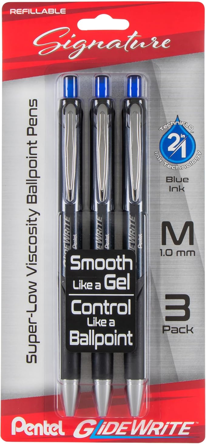 Pentel Glidewrite Signature Ballpoint Pen, (1.0mm) Medium, Black Barrel, Blue Ink, Pack of 3 (BX930ABP3C)