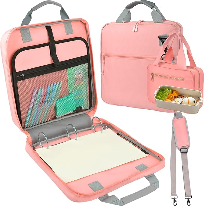 ChezMax Zipper Binder 3 Ring with Lunch Box - Zipper Binder Organizer Bag with Shoulder Strap & Handle, 2 Inch O Ring Binders, Large 500 Sheet Capacity & Multi-Pocket Binders Bag Organizer, Pink