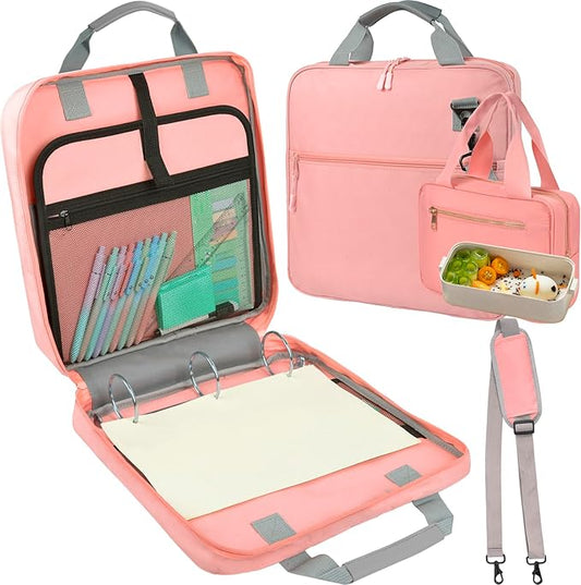 ChezMax Zipper Binder 3 Ring with Lunch Box - Zipper Binder Organizer Bag with Shoulder Strap & Handle, 2 Inch O Ring Binders, Large 500 Sheet Capacity & Multi-Pocket Binders Bag Organizer, Pink