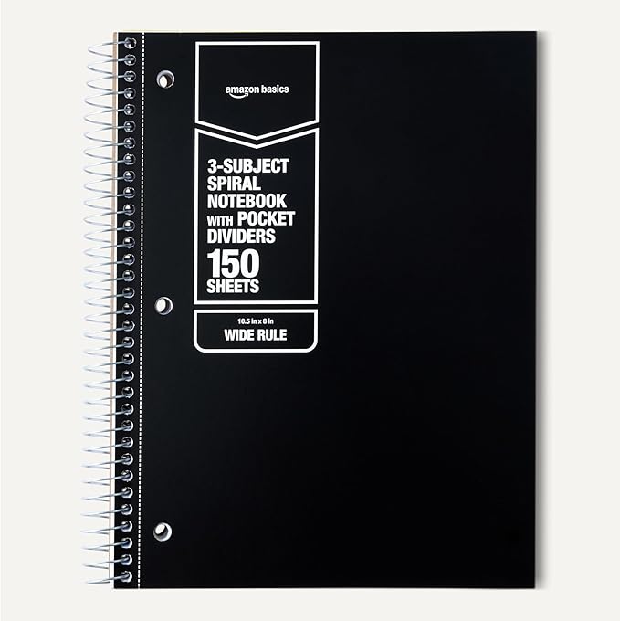 Amazon Basics Wide Ruled Spiral Notebook, 3-Subject with Pocket Divider, 150 Sheets, 8''x10.5'', Assorted Primary Colors, 3 pack