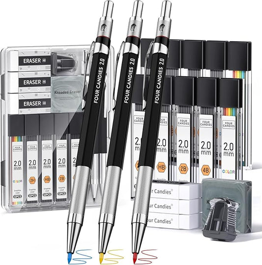 Four Candies 19PCS 2MM Mechanical Drawing Pencils with Case, Metal Art Lead Pencil with 120 Graphite Lead Refills (HB 2H 2B 4B Color), Kneaded Eraser, Sharpener, for Drafting, Drawing, Sketching