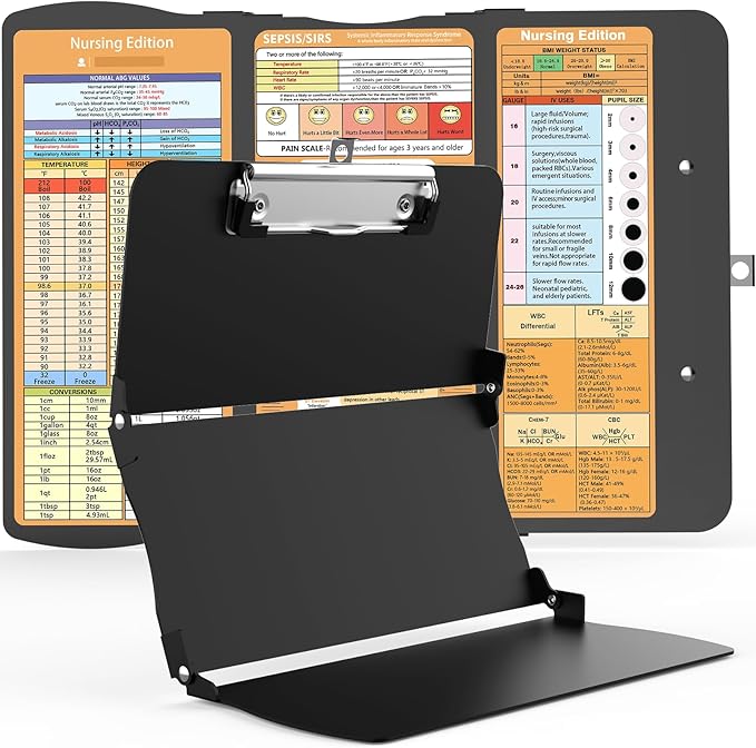 Clipboards Nursing Clipboard Trifold Foldable, 3 Layers Aluminum Nurse Clipboards with Nursing Edition Cheat Sheets Folding Pocket Size for Students, Nurses and Doctors (Black)