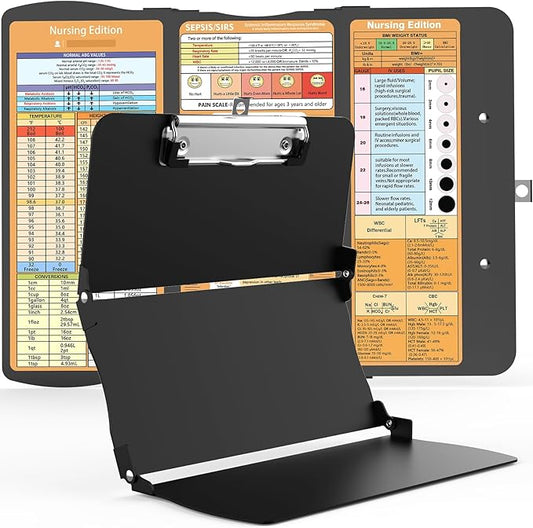 Clipboards Nursing Clipboard Trifold Foldable, 3 Layers Aluminum Nurse Clipboards with Nursing Edition Cheat Sheets Folding Pocket Size for Students, Nurses and Doctors (Black)