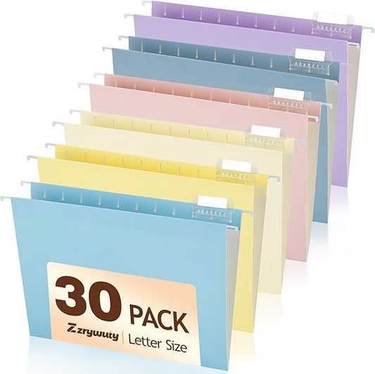 Zzrywuty Hanging File Folders, 30-Pack Letter Size Hanging File Folders with 1/5-Cut Tabs, Color File Folders Office Organizer for Filing Cabinet, Bulky Files & Medical Charts
