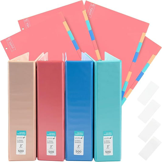Yoobi 2 Inch Binder and 8 Tab Dividers Set, 4 Pack of 3 Ring Binders with Plastic Cover, 2 Pockets and D Rings, 4 Pack of Binder Organizer Tabs with Blank Sticky Labels, Office or School Supplies