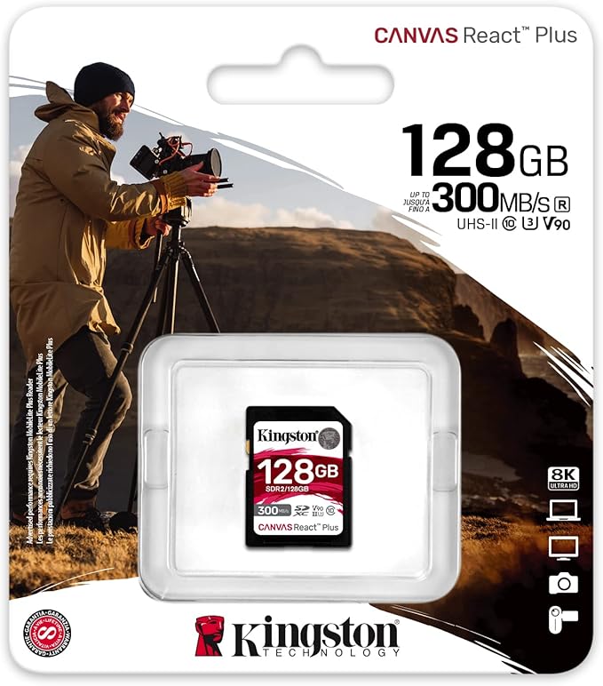Kingston Canvas React Plus 128GB SD Card | SDXC UHS-II | 300R/260W U3 V90 | Full HD/4K/8K | SDR2/128GB