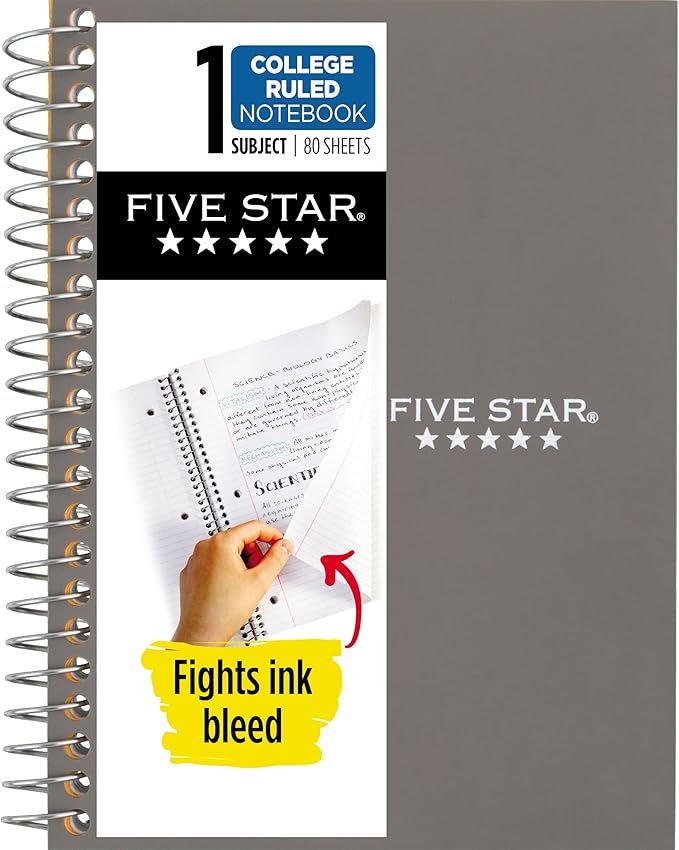 Five Star Spiral Notebook, 1 Subject, College Ruled Paper, 4-3/8" x 7", Personal Size, 80 Sheets, Fights Ink Bleed, Water Resistant Cover, Gray (450048AA3-ECM)