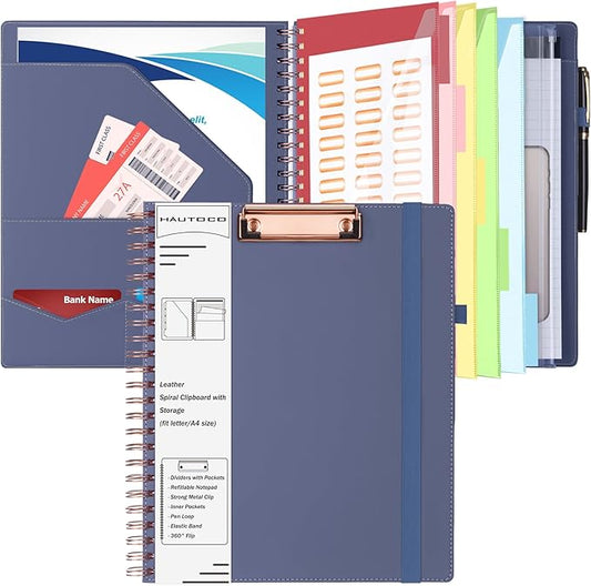 HAUTOCO Spiral Leather Clipboard Folio with Notepad (8.5 x 11''), 5 Folders with 10 Pockets, Storage Zipper Pouch, Pen Loop, 39 Stickers, Padfolio Organizer for Work School, Purple Gray