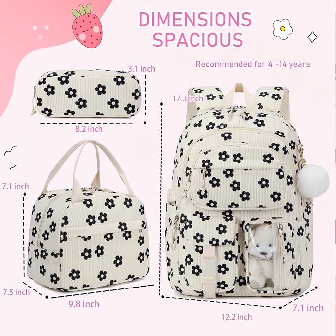 Corduroy Flower Backpack for Girls Teens School Bookbag with Lunch Box Pencil Case Laptop Sleeve Elementary Middle School Bag, Flower-Black