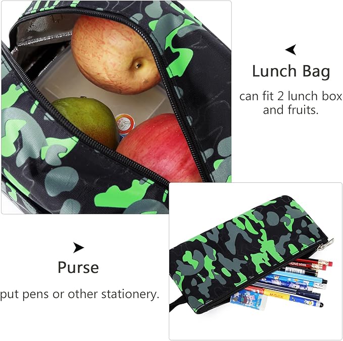 goldwheat School Backpack for Boys Cool Camouflage Bookbags with Lunch Box Pencil Case 3pcs for Middle School, Green