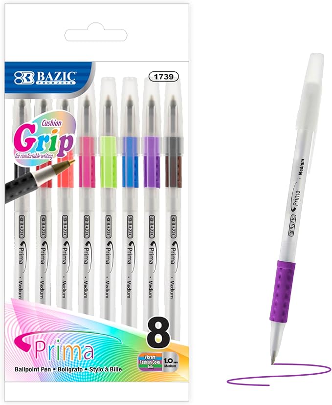 BAZIC Products Ballpoint Pen Prima 8 Color Stick Pens, Soft Grip 1.0 mm Bold Point Smooth Writing, for Office School Teacher (8/Pack), 24-Pack