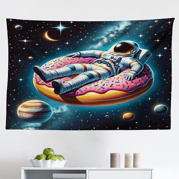 Ambesonne Funny Astronaut Tapestry, Spaceman Floating on a Donut Through the Galaxies Planets Moon, Fabric Wall Hanging Decor for Bedroom Living Room Dorm, 45" x 30", Petrol Blue Pink Orange